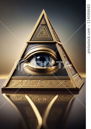 Eye of providence, all seeing eye, mason pyramid with gold details, concept of masonic secret societies. 114098683