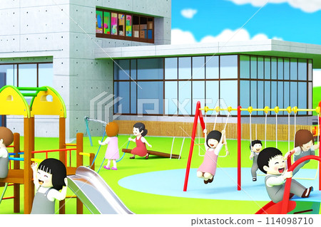 孩子們在幼兒園花園裡玩遊樂設施（AI 生成的圖像） 114098710