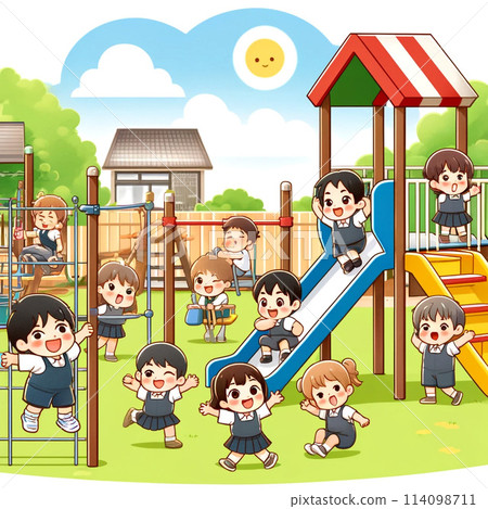 孩子們在幼兒園花園裡玩遊樂設施（AI 生成的圖像） 114098711