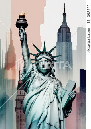 Statue of Liberty and city clipart in watercolor style, cityscape wall art. 114098791