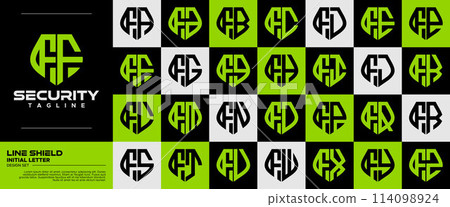 Modern flat line safety shield letter F FF logo set Modern flat line safety shield letter F FF logo set 114098924