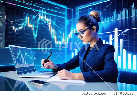 A young female data analyst using charts and metrics to predict the stock market A young female data analyst using charts and metrics to predict the stock market 114099155