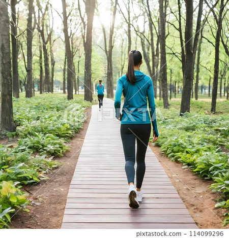 Running Free: Woman Embracing Nature's Beauty on Park Trails Running Free: Woman Embracing Nature's Beauty on Park Trails 114099296