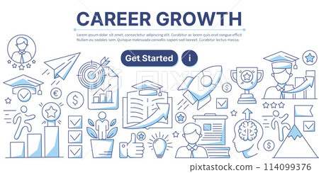 Career growth, business and education icons composition. Infographics elements with symbols of upskill, career ladder, goal achievement. Modern line vector design for web, banner, poster, landing page 114099376