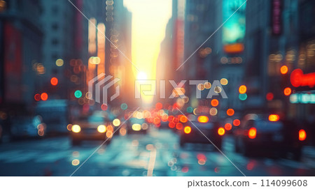 Blurred background with bokeh effect of New York street, dusk, evening street with taxis, cars and lit lights, wet after the rain 114099608