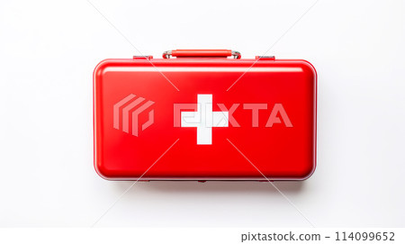 Red first aid kit with a cross with medicines on a white background. 114099652