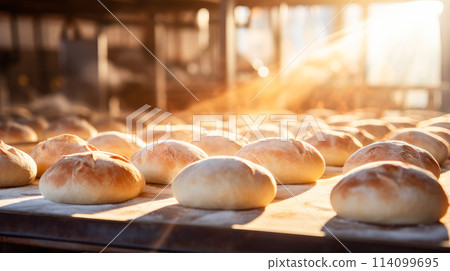 Fresh, fragrant, hot bread is baked in factories in bakeries for the production of French baguette, all inclusive, store. Fresh classic pastries. 114099695