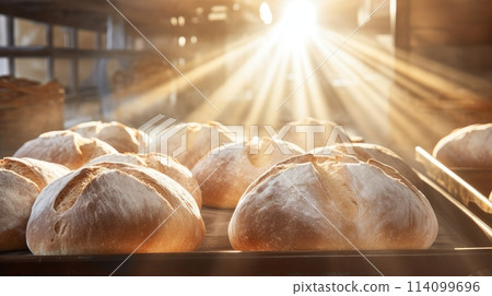 Fresh, fragrant, hot bread is baked in factories in bakeries for the production of French baguette, all inclusive, store. Fresh classic pastries. 114099696