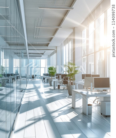 Empty modern bright white open space business office with furniture, computers, large windows, chairs with sunlight 114099738