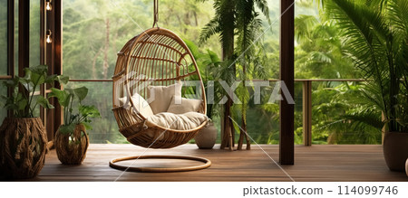 Empty wicker rattan hanging chair with pillows on veranda of an eco villa or eco hotel with view of jungle in tropical country 114099746