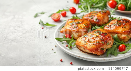 Chicken thighs in mustard honey glaze on white plate with arugula and tomatoes on grey concrete background Chicken thighs in mustard honey glaze on white plate with arugula and tomatoes on grey concrete background 114099747