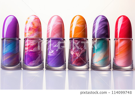 Collection of colorful bottles with rainbow, creative nail polish isolated on white background, concept of beauty and self-care Collection of colorful bottles with rainbow, creative nail polish isolated on white background, concept of beauty and self-care 114099748