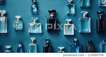 Flat lay pattern with perfume transparent bottles on dark blue background Flat lay pattern with perfume transparent bottles on dark blue background 114099749