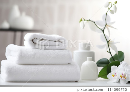 Stacked white towels and toiletries on table on blurred background with beautiful blooming flowers, accessories for spa skin care and relaxation treatments in wellness salon 114099750