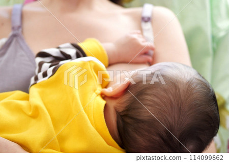 Young woman breastfeeding her baby at home. Milk from mother's breast is a natural medicine to baby. Mother day bonding concept with newborn baby nursing Young woman breastfeeding her baby at home. Milk from mother's breast is a natural medicine to baby. Mother day bonding concept with newborn baby nursing 114099862