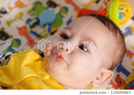Happy newborn baby makes a funny face. Portrait of a crawling baby in his room close up 114099863