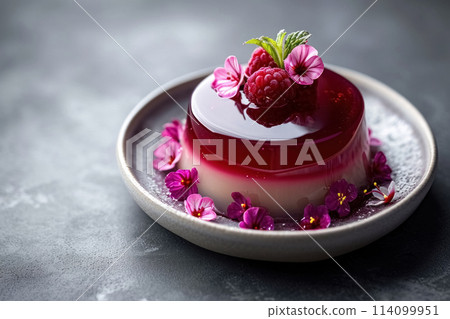 Close up jelly berries pudding decorated pink flowers on grey plate. Delicious, refreshment dessert 114099951