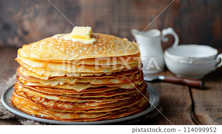 Stack homemade thin pancakes with piece of butter on grey plate on brown wooden tableware, rustic style, festive dish for celebration maslenitsa Stack homemade thin pancakes with piece of butter on grey plate on brown wooden tableware, rustic style, festive dish for celebration maslenitsa 114099952