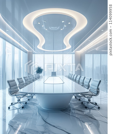 Empty modern meeting room with long wooden table, brown chairs and glass partitions in bright in white colors, sunny office in contemporary business center 114099958