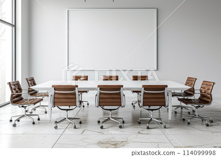 Empty modern business meeting room with long table, brown chairs and white mock up rectangle on the wall in bright office 114099998