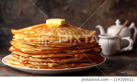 Stack homemade thin pancakes with piece of butter on white plate on brown background, rustic style, festive dish for maslenitsa week 114100011