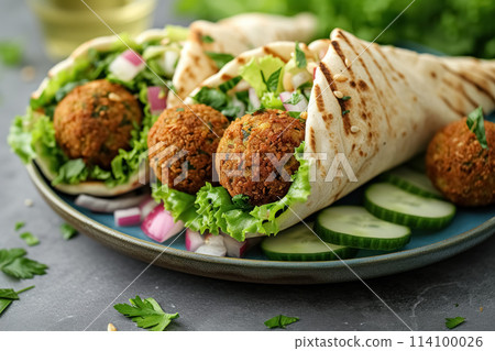 Close up fried falafel balls wrapped in pita bread with cucumbers, lettuce salad, red onion and sauce on blue plate on grey concrete background, healthy fast food 114100026