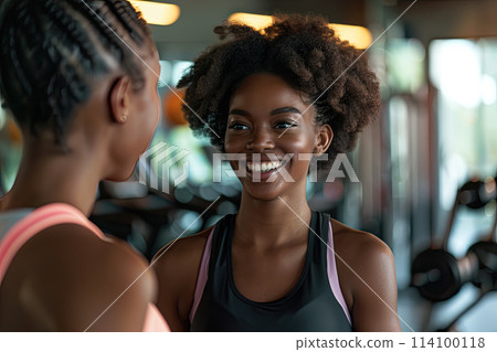 portrait of two african american sporty girls talking in the gym. Ai generative portrait of two african american sporty girls talking in the gym. Ai generative 114100118