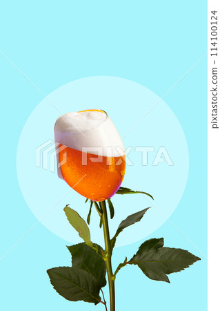 Foamy lager beer glass transformed into a flower against light blue background. Blooming part. Contemporary art collage. 114100124