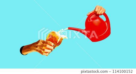 Hand holding glass of lager foamy beer while another hand pouring liquid from red watering can on blue background. Contemporary art collage. 114100152