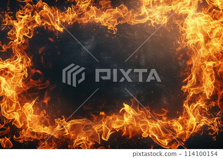 Rectangular frame engulfed by bright flames, black background with geometric shape and dynamic movement of fire on burning object, empty backdrop with negative space 114100154