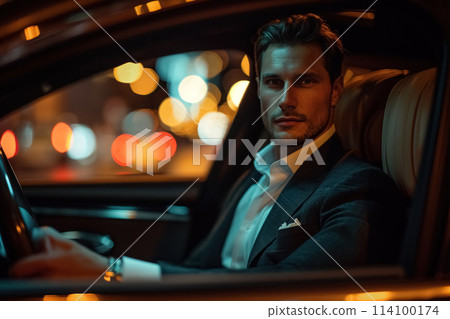 Businessman in formal suit and with serious, focused expression sits in luxury car interior in the evening, portrait of handsome, stylish, successful man Businessman in formal suit and with serious, focused expression sits in luxury car interior in the evening, portrait of handsome, stylish, successful man 114100174