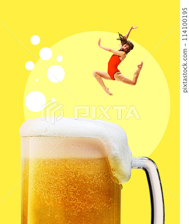 Happy young girl joyfully jumping into mug with foamy lager beer against vivid yellow background. Contemporary art collage. 114100195