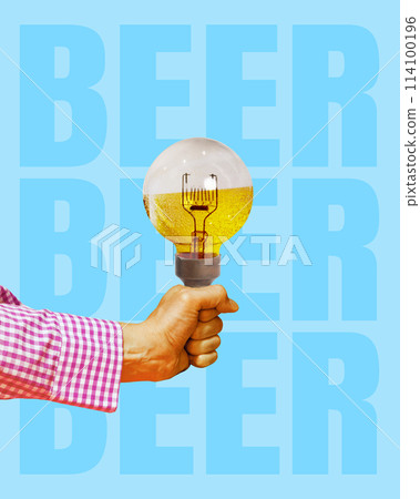 Male hand holding lightbulb filled with bubbled lager beer against blue background wit words beer. Contemporary art collage. Male hand holding lightbulb filled with bubbled lager beer against blue background wit words beer. Contemporary art collage. 114100196