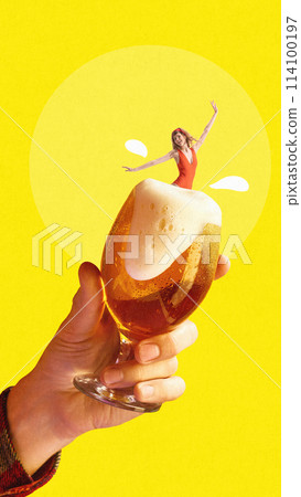 Happy young smiling woman appearing from foamy lager beer splash against vivid yellow background. Summer party. Contemporary art collage. Happy young smiling woman appearing from foamy lager beer splash against vivid yellow background. Summer party. Contemporary art collage. 114100197
