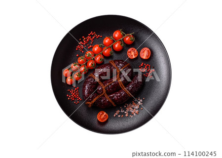 Delicious black blood sausage or black pudding with spices and herbs 114100245