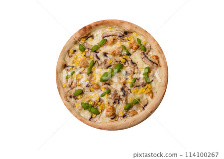 Delicious pizza with corn, cheese, tomatoes and mushrooms, salt, spices and herbs Delicious pizza with corn, cheese, tomatoes and mushrooms, salt, spices and herbs 114100267