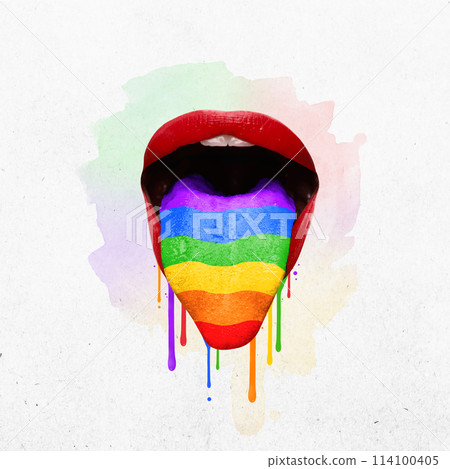 Poster. Contemporary art collage. Woman's mouth, tongue sticking out and painted with colors of rainbow dripping with colorful paint Poster. Contemporary art collage. Woman's mouth, tongue sticking out and painted with colors of rainbow dripping with colorful paint 114100405