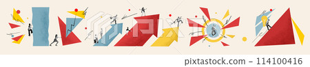 Banner. Contemporary art collage. Motivated, smart businesspeople navigating diverse fields, triumphing over challenges to reach pinnacle of success. Banner. Contemporary art collage. Motivated, smart businesspeople navigating diverse fields, triumphing over challenges to reach pinnacle of success. 114100416