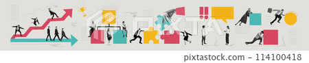 Banner. Contemporary art collage. Symbolic representation of people working in various fields and achieving success through obstacles to growth. Banner. Contemporary art collage. Symbolic representation of people working in various fields and achieving success through obstacles to growth. 114100418