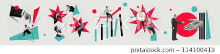 Banner. Contemporary art collage. Voices in Business. Young businessman takes part in negotiations, becomes head of successful and developing company. 114100419
