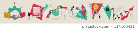 Banner. Contemporary art collage. Dynamic business interactions. Business actions, ending with businessmen advancing towards red arrow, signifying progress. Banner. Contemporary art collage. Dynamic business interactions. Business actions, ending with businessmen advancing towards red arrow, signifying progress. 114100421