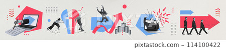 Banner. Contemporary art collage. Work evolves. Negotiation, hurdles jumps, success. Line of businessmen march towards red progress arrow. Banner. Contemporary art collage. Work evolves. Negotiation, hurdles jumps, success. Line of businessmen march towards red progress arrow. 114100422
