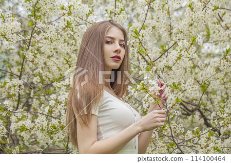 Attractive young adult lady outdoors. Healthy woman with fresh clean skin and long brown hair 114100464