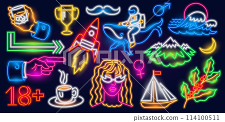 Set of fashion space neon sign. rocket, wave, mountains, sailboat, astronaut on a whale, glass of 114100511