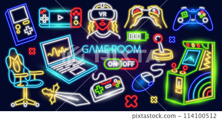 Set of fashion Game neon sign. Console and computer. Night bright signboard, Glowing light banner Set of fashion Game neon sign. Console and computer. Night bright signboard, Glowing light banner 114100512