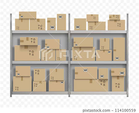Cardboard boxes on metal rack with shelves Cardboard boxes on metal rack with shelves 114100559