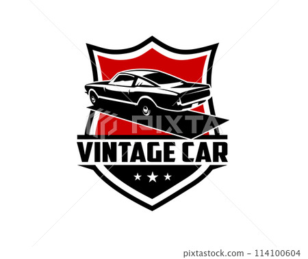 1968 Mustang 390 car. Vintage car logo silhouette. isolated white background view from behind. Best for logo, badge, emblem, icon, sticker design 1968 Mustang 390 car. Vintage car logo silhouette. isolated white background view from behind. Best for logo, badge, emblem, icon, sticker design 114100604