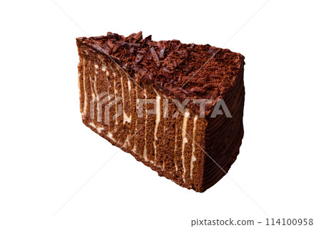 Delicious fresh cheesecake cake or snickers with cream and nuts on a ceramic plate 114100958