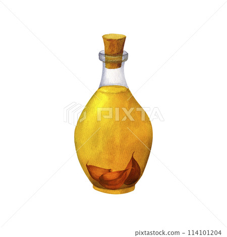 A bottle of aromatic olive oil with spices and garlic, watercolor hand painted, isolated on white background. 114101204