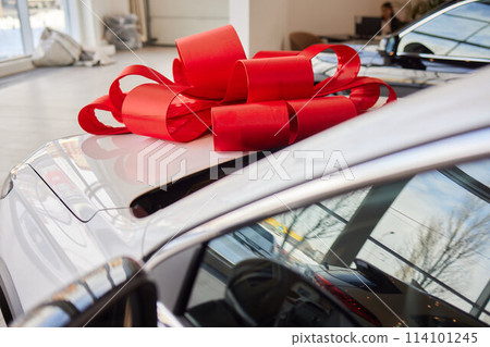 The new car is wrapped in a red bow. Beautiful gift concept. The new car is wrapped in a red bow. Beautiful gift concept. 114101245